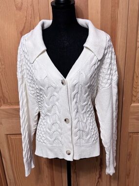 CeCe Ivory Cable Knit Button Front Cardigan Sweater Size Large